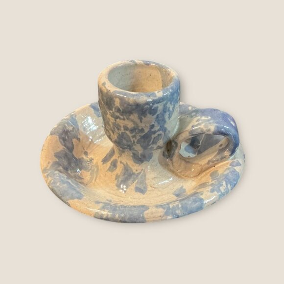 Handmade Blue & White Sponge Ware Pottery Candle Holder Signed BB - Picture 1 of 6